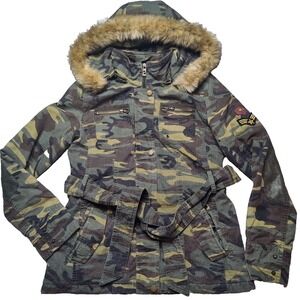 BUFFALO‎ DAVID BITTON Women Small Camo Ripstop Cotton Faux Fur Hood Parka Jacket